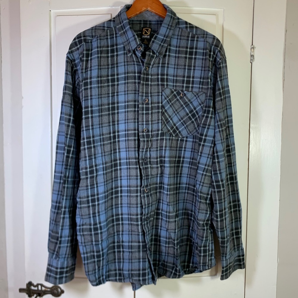 Noble Outfitters Mens XL Tall Flannel Shirt Blue Grey Plaid Cotton Button Down